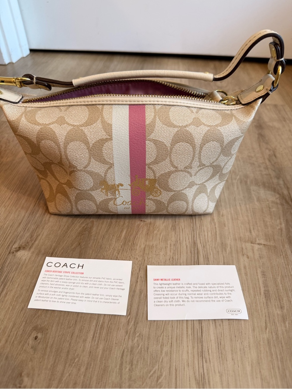 Coach Beige Signature Crossbody with Pink and Cream Stripe
